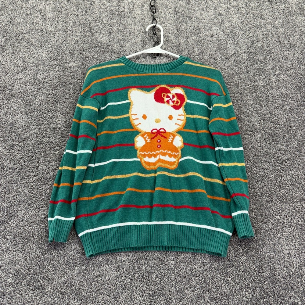 Hello Kitty Sweater Girls Medium Green Gingerbread Holiday Striped Knit Sanrio